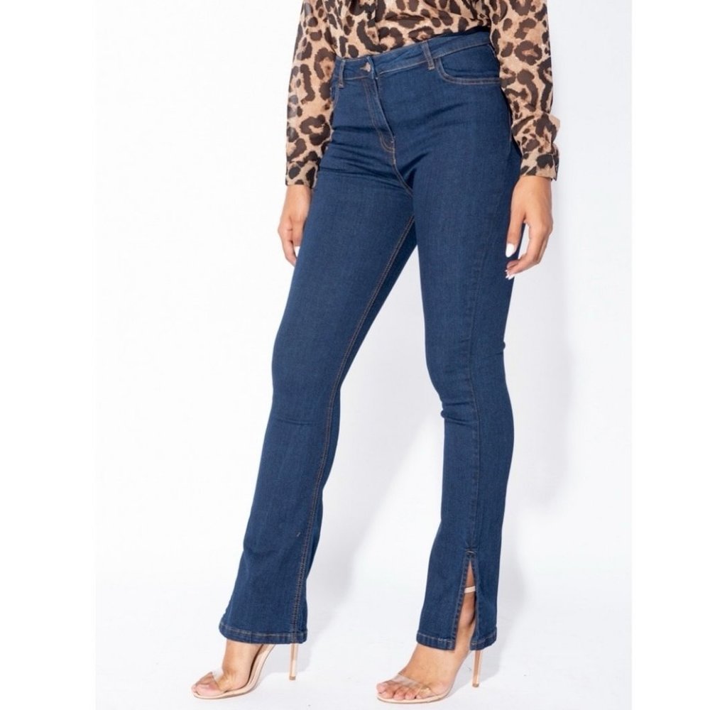 Blue High Waist Split Hem Skinny Flare Jeans Denim Pants - Picture 2 of 8